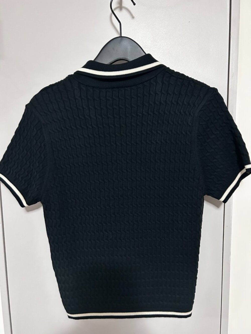 Zara Black Cable Knit Polo Shirt White Trim Gold Buttons Women's M NWT